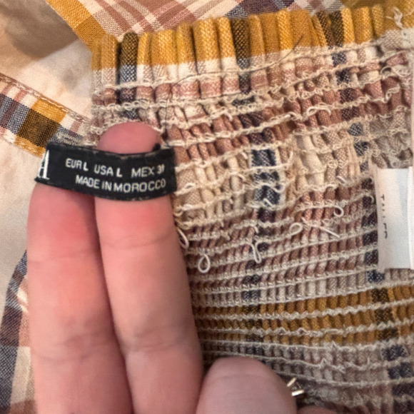 Zara Plaid Size Large Neutral Cropped Smocked Summer Vacation Retro Faux Buttons - Picture 6 of 7